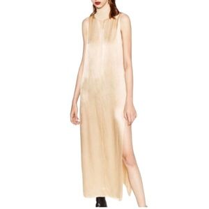NWT Zara Light Gold Beige Satin High Neck Sleeveless Rayon Slip Maxi Dress - S